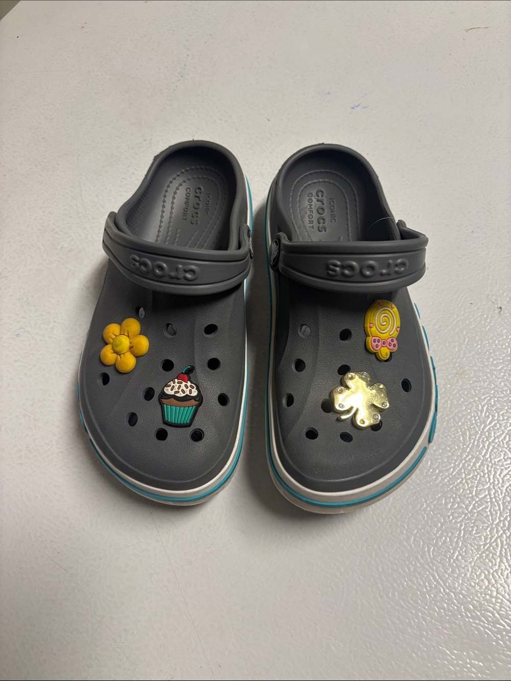 CROCS Kids' Gray Clog with Teal Accent and Fun Jibbitz